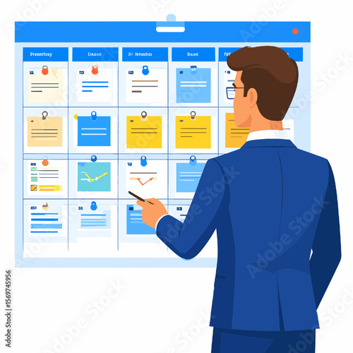 Man in Blue Suit Presenting Kanban Board with Colorful Sticky Notes and Tasks on White Background for Project Management