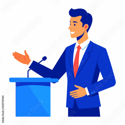 Man in Blue Suit Giving Speech at Podium with Red Tie and Hand Gestures with White Background