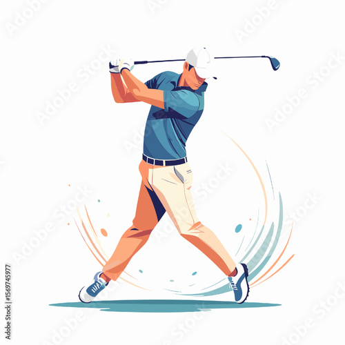 Man in Blue Shirt Swinging Golf Club with Focused Concentration and Minimalist Graphic Style