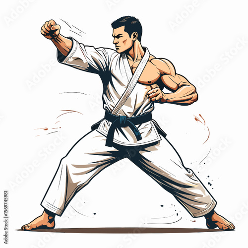 Man in White Karate Gi Demonstrates Punching Technique with Focus and Power Against White Background
