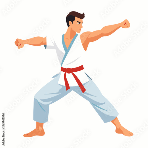 Man in White Karate Gi Demonstrating Martial Arts Stance with Red Belt on White Background