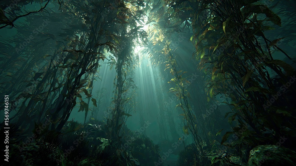 Sunlight streams through kelp forest underwater Sunlight streams through kelp forest underwater