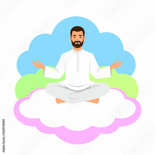 Meditating Man in Lotus Position on Cloud Wearing White Outfit Under Sky Illustration