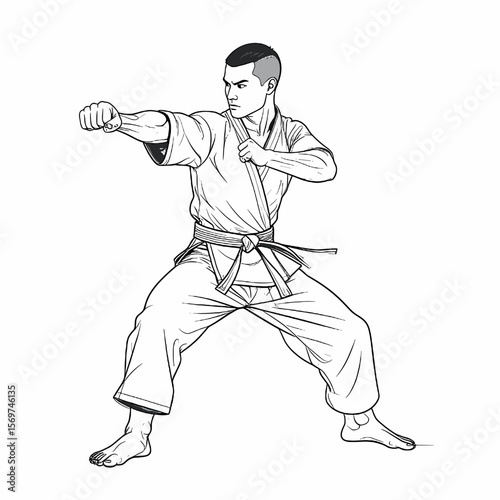 Monochrome Illustration of a Karate Practitioner in White Uniform Executing Punching Technique with Balanced Stance on White Background
