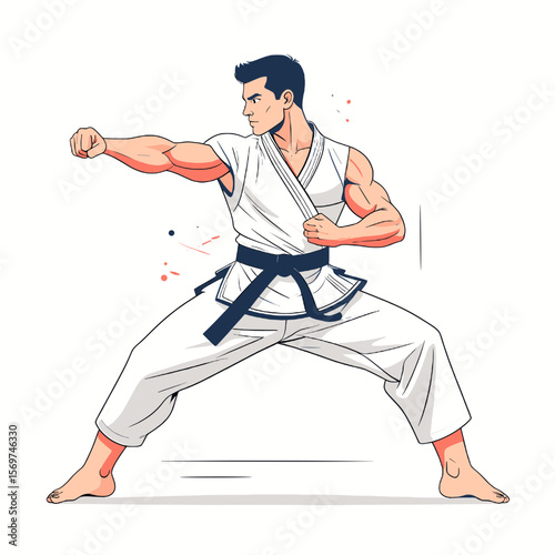 Pixel Art Illustration of a Karate Man in White Gi with Black Belt Performing a Punch in a Dynamic Action Stance