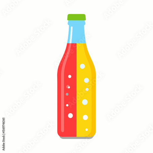 Pixel Art Illustration of a Split Red and Yellow Soda Bottle with Green Cap on a White Background