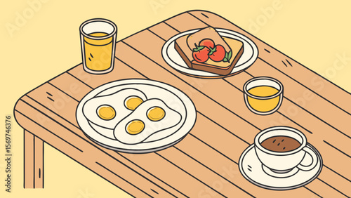 vector scane of a wooden table breakfast item