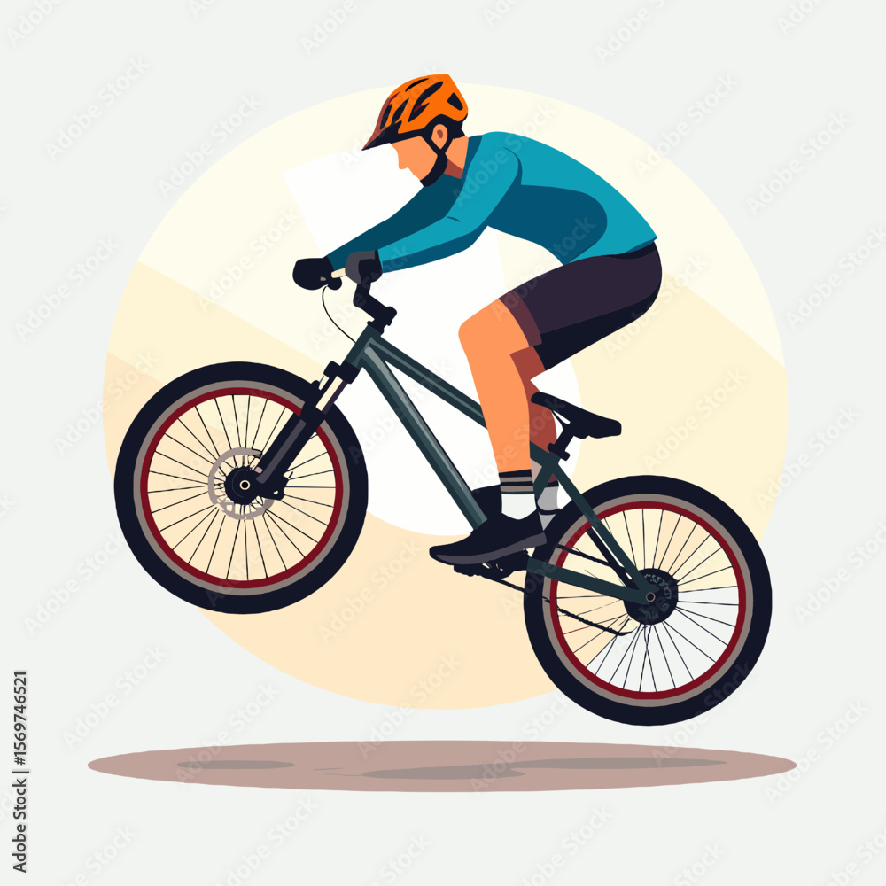 Obraz premium Pixel Art Style Mountain Biker Performing Wheelie in Orange Helmet Turquoise Jersey and Black Shorts Against Light Background