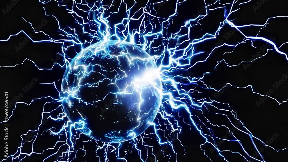 Dark blue sphere generating powerful electrical discharges, radiating vibrant energy against stark black backdrop with dynamic plasma interactions creating mesmerizing visual effect