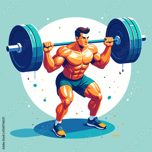 Pixelated Athletic Man Doing Squats with Barbell in Cyan and Orange Colors on a White Background