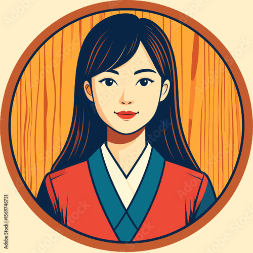 Portrait of a Young Woman with Dark Hair Wearing Traditional Asian Clothing in a Circular Wooden Frame Artistic Design