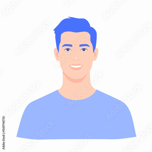 Portrait of Smiling Man with Blue Hair and Shirt Against White Background in Digital Illustration Style