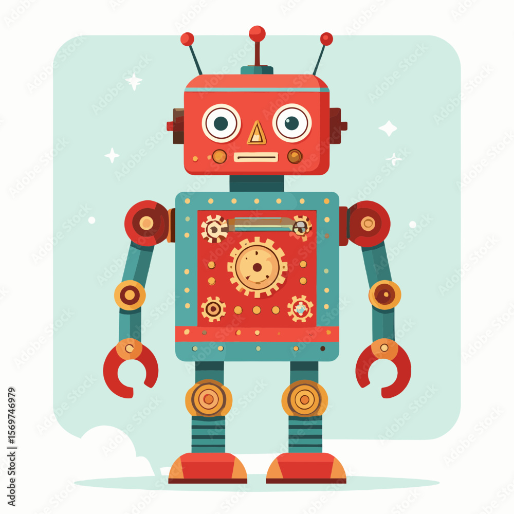 Naklejka premium Red And Blue Robot with Visible Gears And Antennae on A Pale Blue Background With Small Star Accents