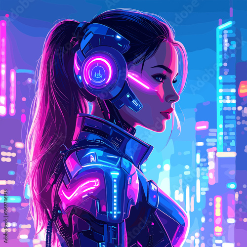 Profile of a Cyberpunk Woman with Glowing Neon Accents Against a Blurred Cityscape at Night Futuristic Urban Theme with High Tech Elements