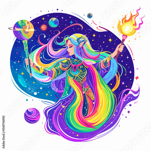 Rainbow Haired Sorceress Holding Magical Staffs Surrounded by Planets in a Starry Pixel Art Style Illustration