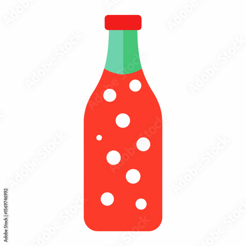 Red and White Polka Dot Soda Bottle with Green Top Refreshing Sweet Drink Flat Icon Design on White Background