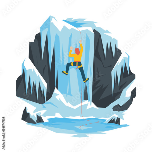 Ice Climber Ascending Frozen Waterfall Cliff Face