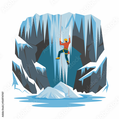 Ice Climber Ascending Frozen Waterfall Cliff Face