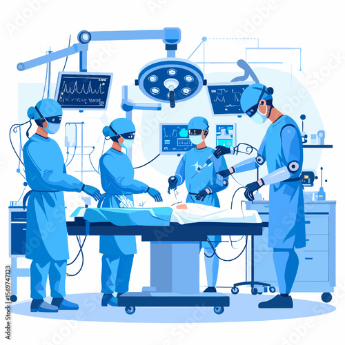 Robotic Surgery Team Performing Operation in a Brightly Lit Operating Room with Advanced Medical Equipment and Futuristic Technology in Blue and White