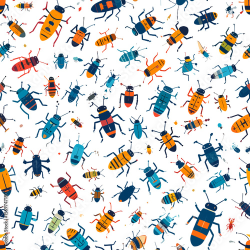 Seamless Pattern of Colorful Bugs and Beetles with Detailed Designs and Varied Shapes on a White Background Insect Themed Backdrop