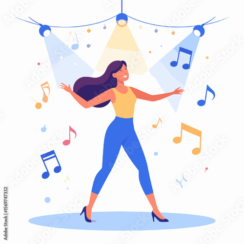 Singing Woman in Yellow Top Dancing under Blue Spotlights with Musical Notes in a Vector Illustration
