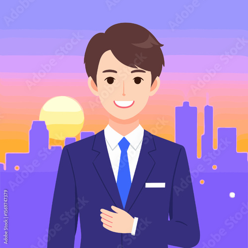 Smiling Businessman in Blue Suit Against a Purple Orange Skyline Cartoon Character Style Illustration