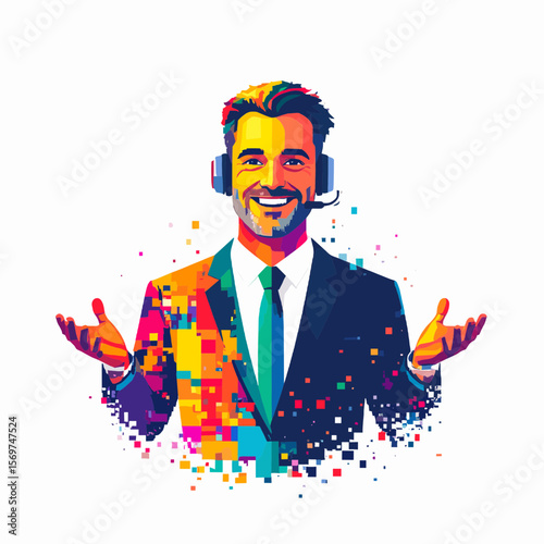 Smiling Male Customer Service Representative with Headset in Pixelated Style in Front of a White Background