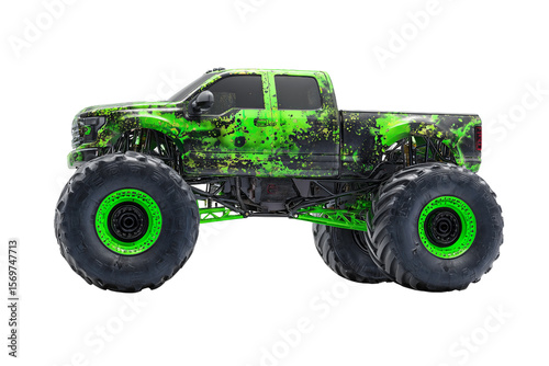 Green monster truck with large tires against a PNG background, monster truck, offroad vehicle, extreme sports, automotive, green, black, truck, large tires, wheels, suspension, custom paint, transpo
