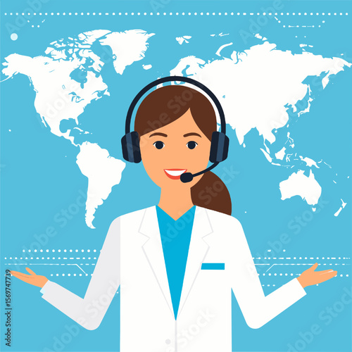 Smiling Woman with Headset Wearing White Coat Posing in Front of a World Map Background