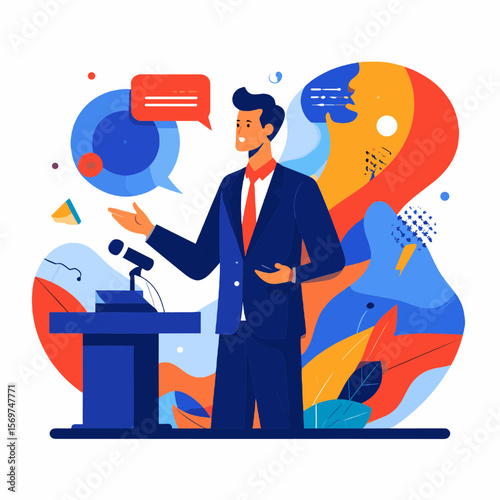 Speaker at Podium Delivering Speech in Blue Suit with Abstract Background Communication and Public Speaking Illustration