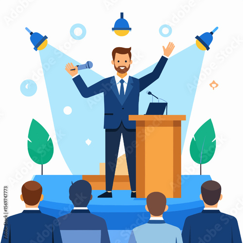 Speaker on Podium in Blue Suit Delivering Speech to Audience with Spotlights at Conference Event Stage with Podium and Rasing Hands in Flat Vector Graphic