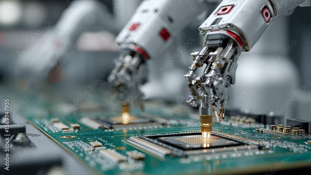low angle of smart robotic arms placing microchips into circuit boards, sterile cleanroom environment, ultra-high detail