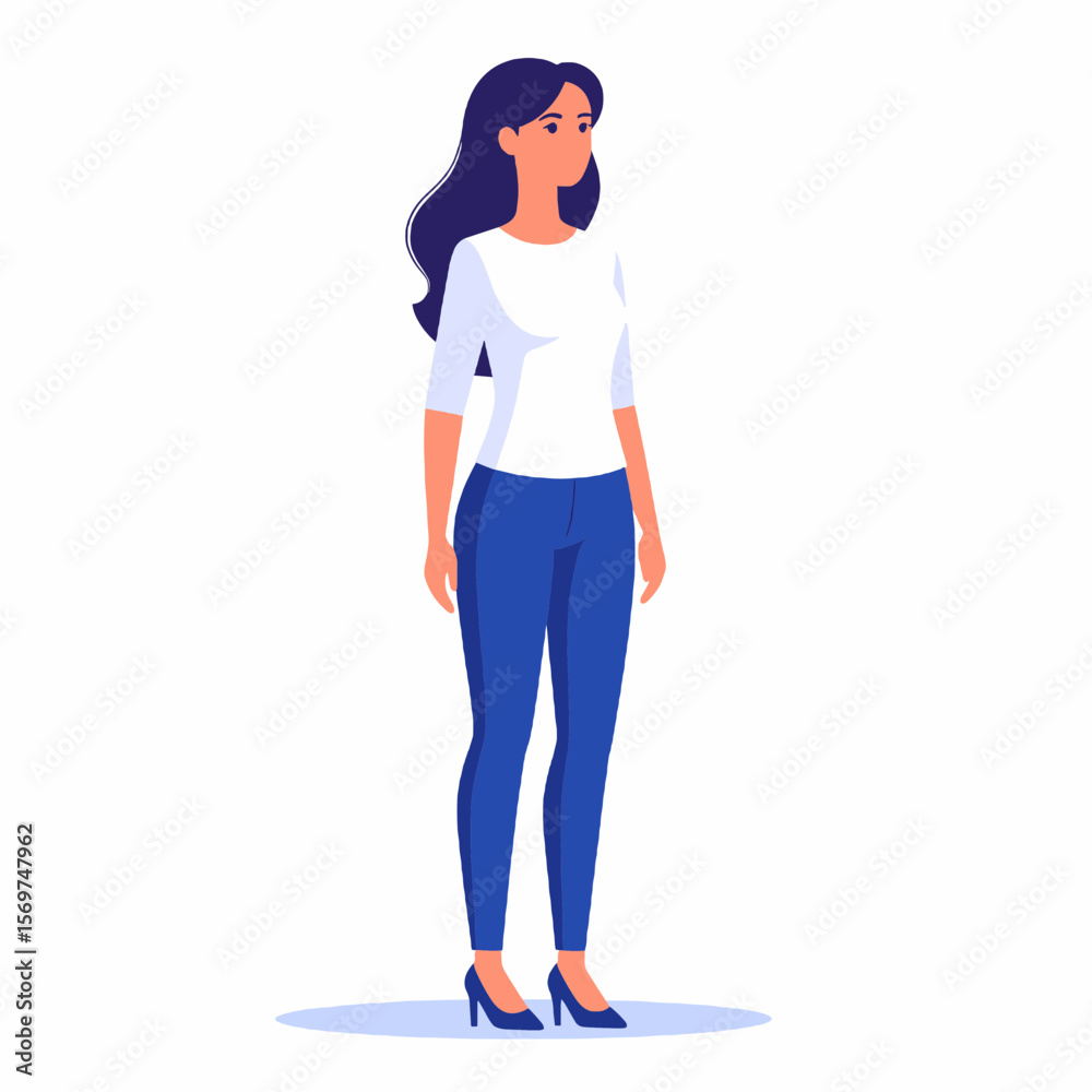 Standing Young Woman Illustration in Blue Jeans and White Top Against a Clean Background in Vector Style Standing Young Woman Illustration in Blue Jeans and White Top Against a Clean Background in Vector Style