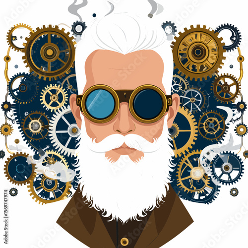 Steampunk Style Portrait of Man with Gears Background Wearing Goggles and White Mustache and Beard Featuring Detailed Mechanical Elements and Vintage Aesthetic