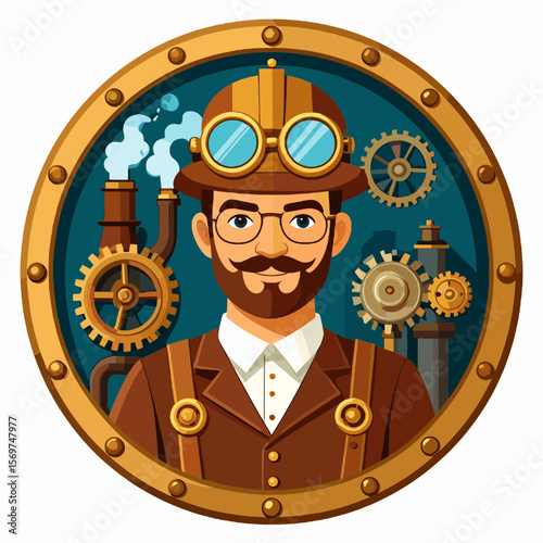 Steampunk Man with Gears and Hat Detailed Portrait in Gold Trimmed Circle with Steam and Pipes