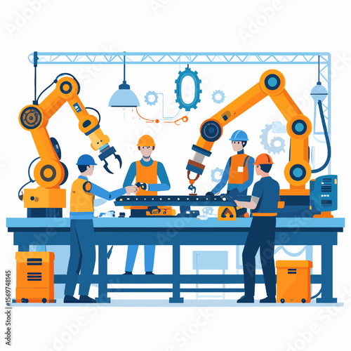 Team of Engineers Overseeing Automated Manufacturing Process with Orange Robotic Arms and Blue Machinery in a Modern Factory Setting