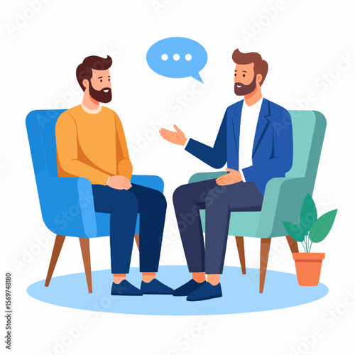 Two Men Engaging in Conversation While Sitting on Blue Chairs in a Minimalist Setting With Potted Plant and Light Blue Background