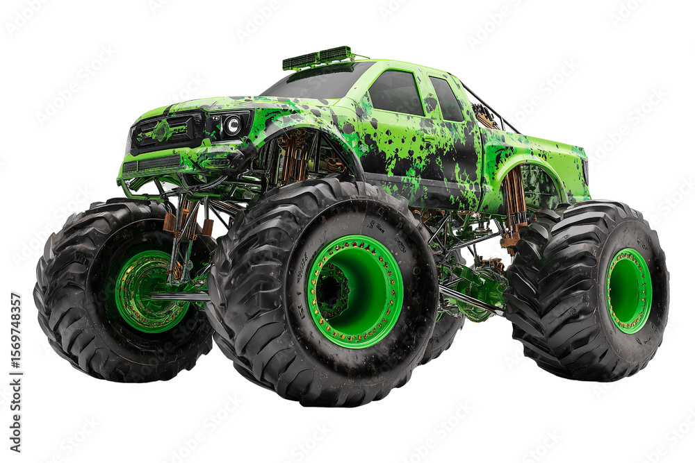 Obraz premium Green splatter paint monster truck with oversized tires on PNG background, monster truck, green, splatter paint, oversized tires, big tires, offroad, vehicle, automotive, truck, custom truck, extrem