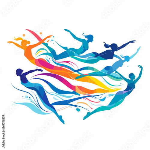 Vibrant Artistic Illustration of Synchronized Swimming Team in Blue Orange and Purple Flowing Motion on White Background