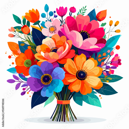 Vibrant Bouquet of Colorful Flowers Artful Arrangement with Orange Pink Purple Blue Yellow Blooms and Festive Spring Summer Garden Decor