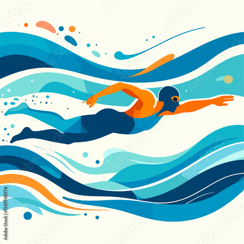 Vivid Orange Swimmer in Blue Tones Performing Stroke in Abstract Wavy Background Illustration Design Water Sports Artwork