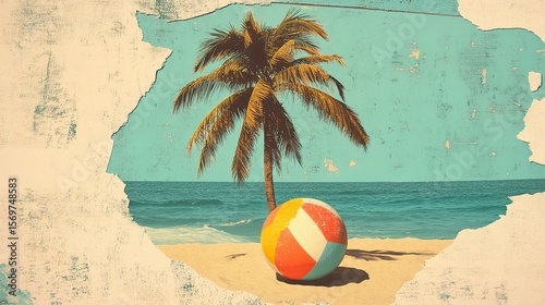 Tropical beach scene with palm tree and colorful beach ball on sand against textured blue background
