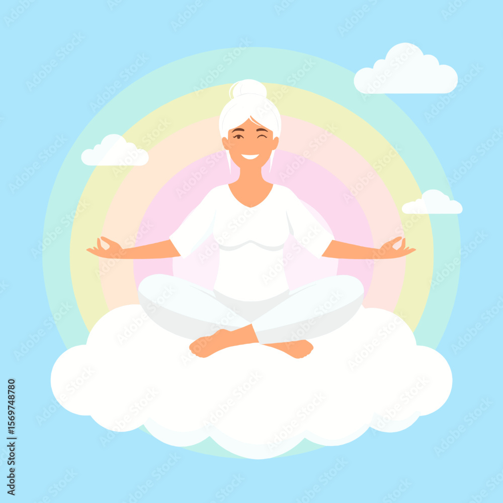 Obraz premium Woman Meditating in Lotus Position on a Cloud with Pastel Rainbow Background Peaceful Zen Harmony and Spiritual Wellness