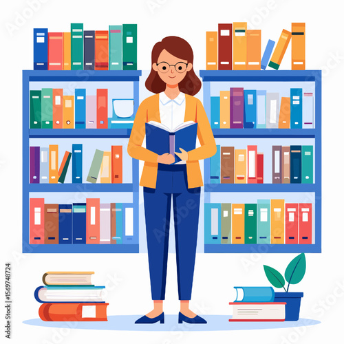 Woman Holding a Book in a Blue Library With Colorful Books and Potted Plant on Shelves and Orange Sweater and Blue Pants in Bright Lighting