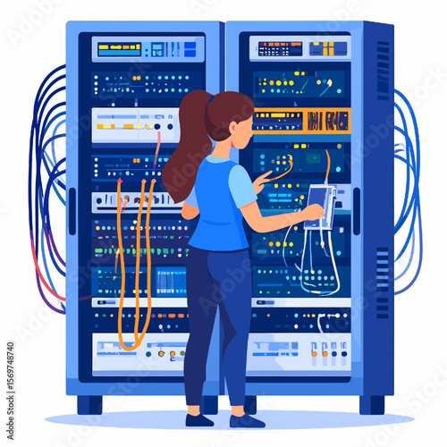 Woman in Blue Vest Repairing Network Server Rack with Cables and Equipment in Data Center