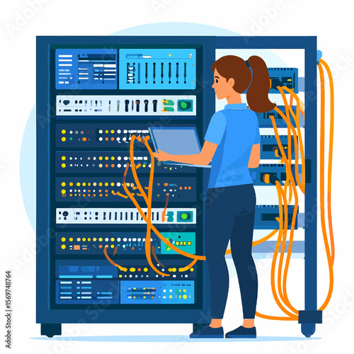 Woman Inspecting a Server Rack with Blue Metal Frame and Orange Cables in Data Center Setting with White Floor and Server Details