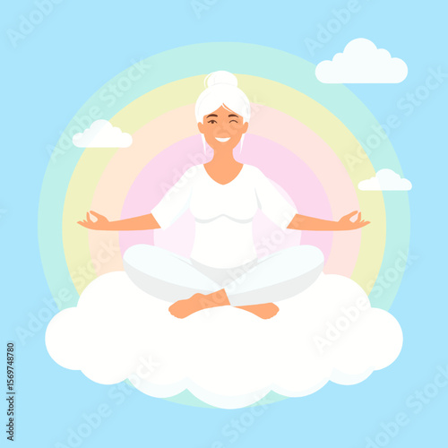 Woman Meditating in Lotus Position on a Cloud with Pastel Rainbow Background Peaceful Zen Harmony and Spiritual Wellness