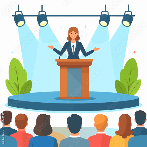 Woman Presenting Speech at Podium with Audience and Stage Lights in Corporate Event