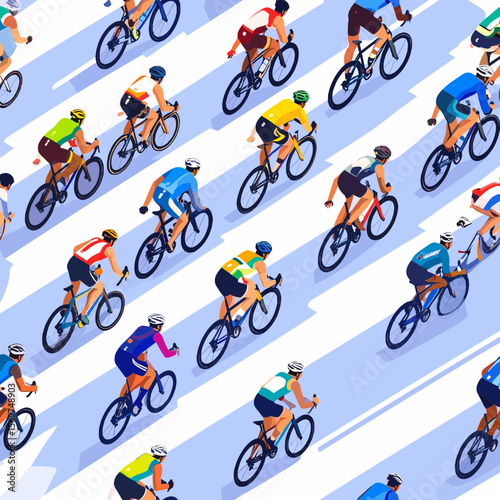 Cycling Race with Multiple Cyclists in Colorful Jerseys on a Light Blue Road Vector Illustration