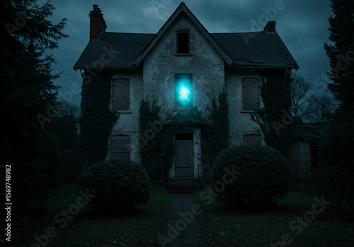 Mysterious glowing orb levitating in front of a dark spooky haunted house at night creating a supernatural scene